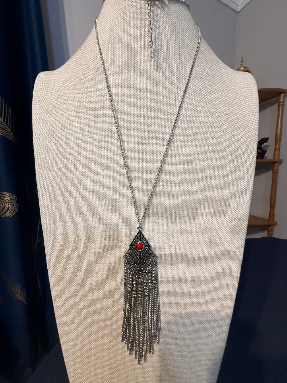 Vintage Western Silver Tone Red Cabochon Tassel Necklace 36” + 2”